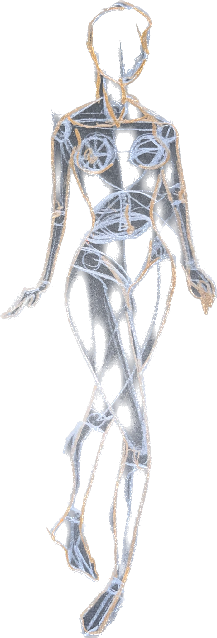 Figure humaine transparente, traversée de lignes et de formes circulaires.